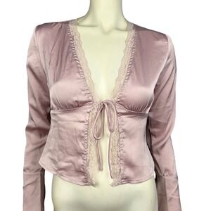 Princess Polly‎ XS Satin Lace Tie Front Lavender Crop Top Long Sleeve Y2K